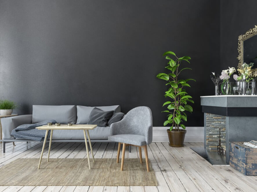 Monochomatic_Trendy_Living_Room_timber_floor_fireplace_rug_plant_grey_couch